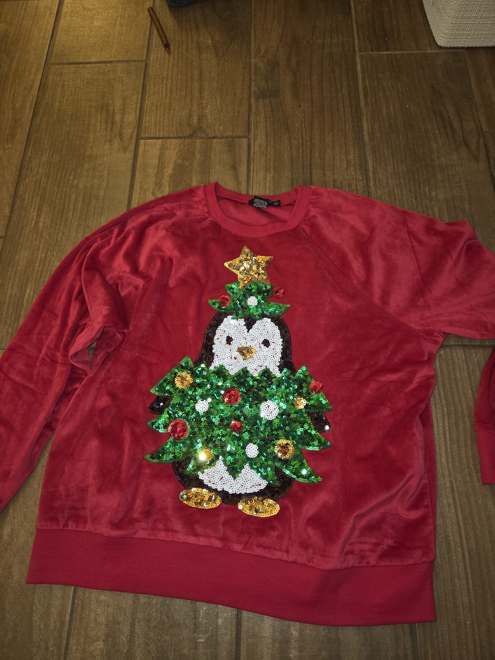 Miss Chievous Red Sequin Penguin Christmas Tree Crewneck Sweater
